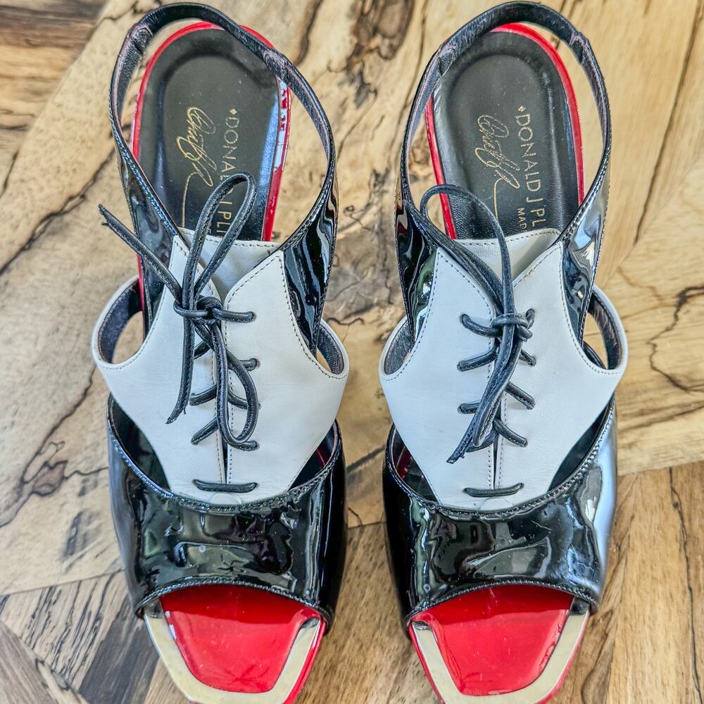 Donald J. Pliner Patent Leather Lace Up Tuxedo Open Toe Heels Made in Italy, 9.5 - Picture 2 of 10